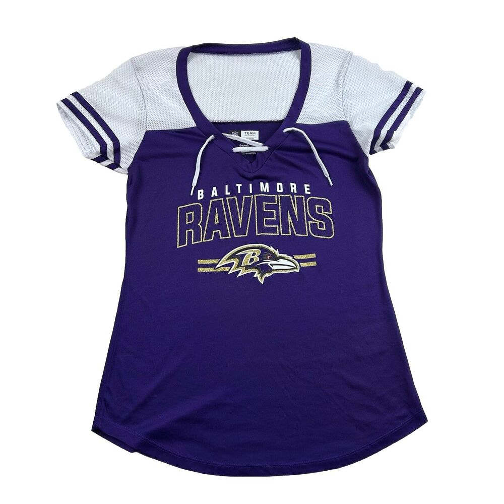 Baltimore Ravens Lace Up V Neck Shirt Womens S Mesh Top Striped Sleeves Glitter